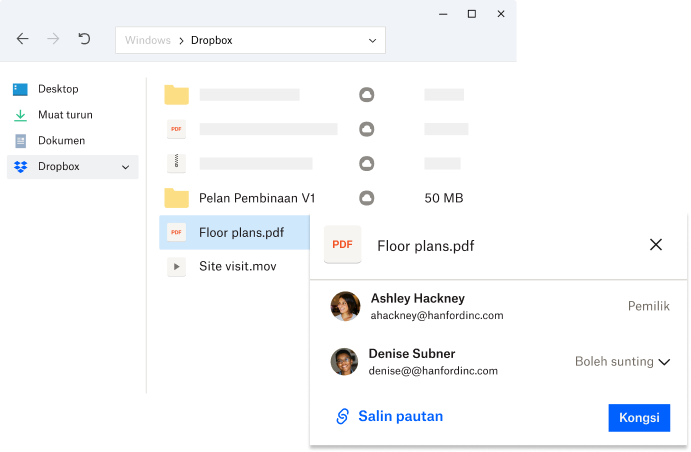 Folder Dropbox pengguna dipaparkan pada telefon mudah alih mereka, desktop mereka, dan di web. Terdapat anak panah di antara setiap anak panah yang melambangkan bahawa peranti diselaraskan bersama-sama.