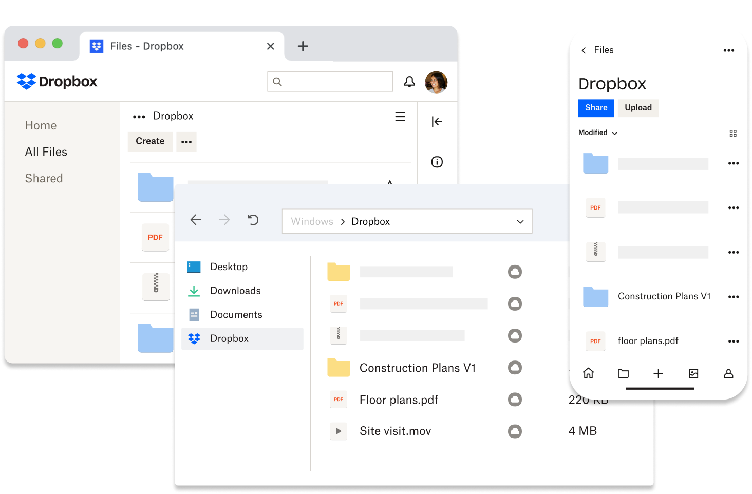 A user’s Dropbox folder shown on their mobile phone, their desktop, and on the web. There are arrows between each of them indicating that the surfaces sync together.