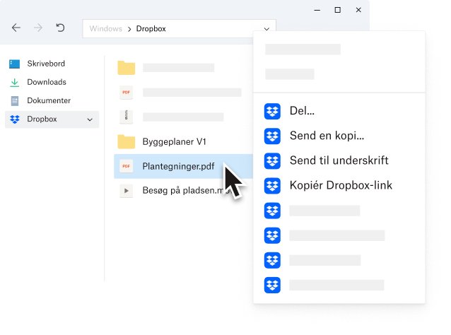 PDF-filen &quot;Plantegninger.pdf&quot; vælges fra Dropbox-mappen på brugerens skrivebord. Højreklikmenuen vises med mange muligheder, som Del, Send en kopi, Send til underskrift, Kopiér Dropbox-link og meget mere. 