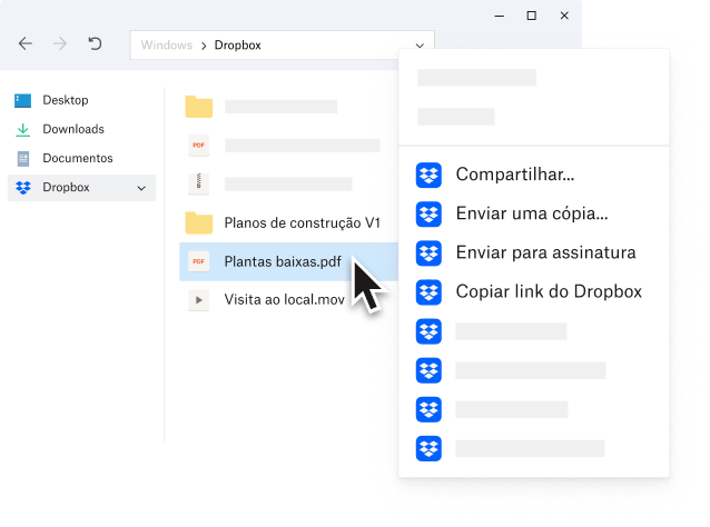 O PDF “Plantas.pdf” é selecionado na pasta Dropbox no desktop de um usuário. O menu do botão direito do mouse é exibido com muitas opções, como Compartilhar, Enviar uma cópia, Enviar para assinatura, Copiar link do Dropbox e muito mais. 