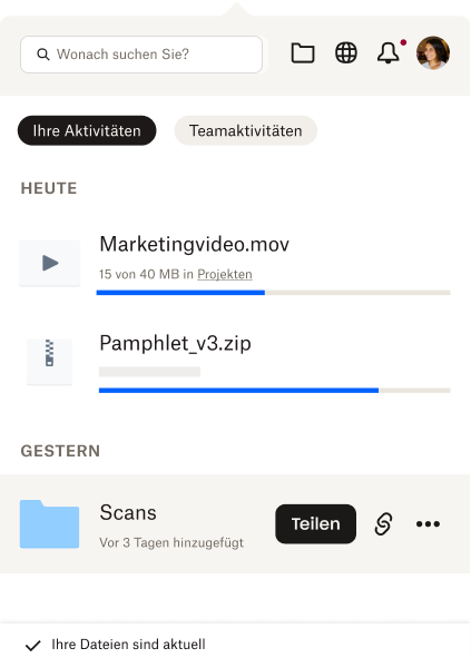 Die Leiste ist geöffnet und zeigt dem Nutzer eine kurze Liste seiner aktuellen Dateien und der Dateiaktivitäten an. 