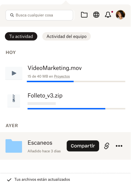 Una bandeja abierta en la que se muestra al usuario una breve lista de sus archivos recientes y la actividad de estos. 