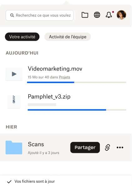 Zone de notification affichant une brève liste des fichiers récents de l’utilisateur et de l’activité les concernant 