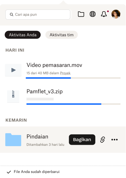 Baki terbuka dan menunjukkan kepada pengguna daftar singkat file terbaru dan aktivitas file mereka. 