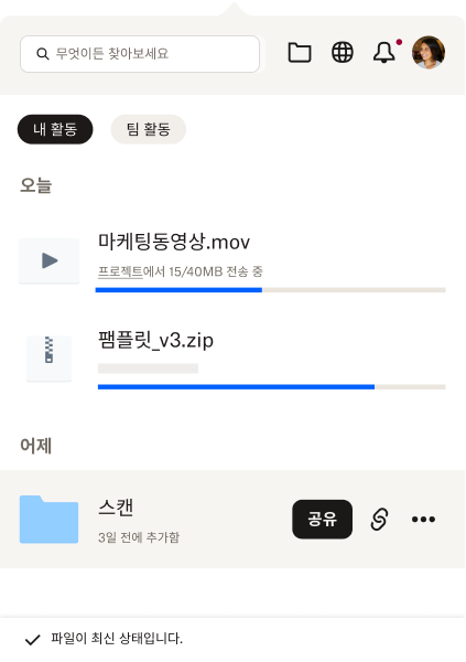 트레이가 열리고 사용자에게 최근 파일과 파일 활동이 요약된 목록이 표시됩니다. 