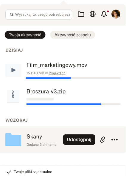 Zasobnik jest otwarty i przedstawia użytkownikowi krótką listę ostatnich plików i ich aktywności. 
