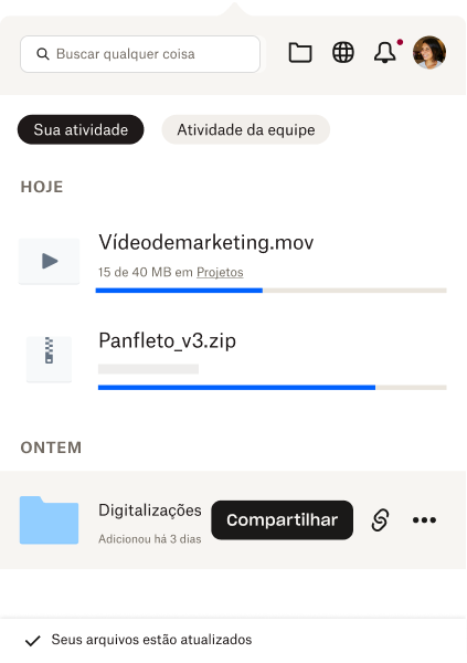 A bandeja está aberta e mostra ao usuário uma breve lista dos arquivos recentes e da atividade do arquivo. 