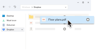 Pengguna sedang menempatkan semula fail pdf mereka bertajuk “Floor plans.pdf” dalam folder Dropbox pada desktop mereka. 