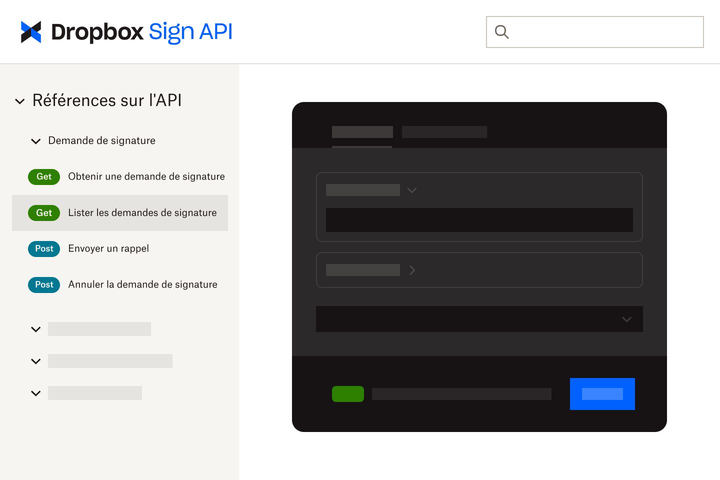Interface de l'API de signature électronique Dropbox Sign