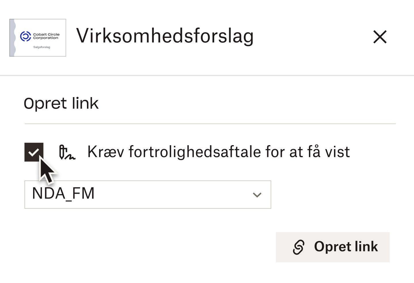 En markør svæver over et afkrydsningsfelt for muligheden "Kræv fortrolighedsaftale for visning", når der oprettes et link til et dokument i Dropbox DocSend.