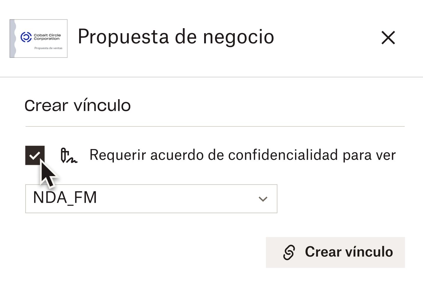 Un cursor señala la casilla de verificación de la opción “Requerir acuerdo de confidencialidad para ver” durante la creación de un vínculo a un documento en Dropbox DocSend