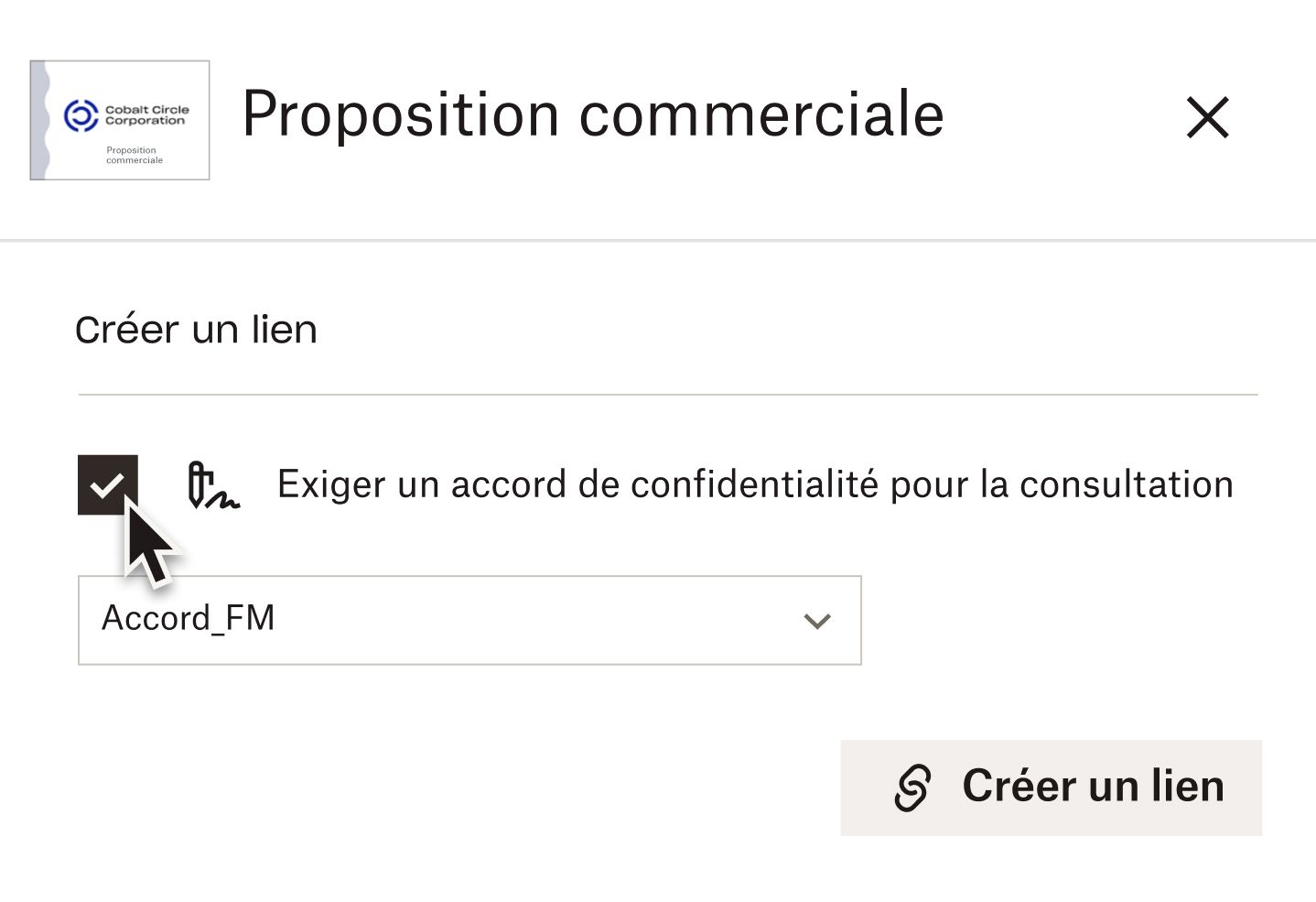 Un curseur survole une case à cocher pour l’option « Exiger une entente de confidentialité pour autoriser la consultation » lors de la création d’un lien vers un document dans Dropbox DocSend