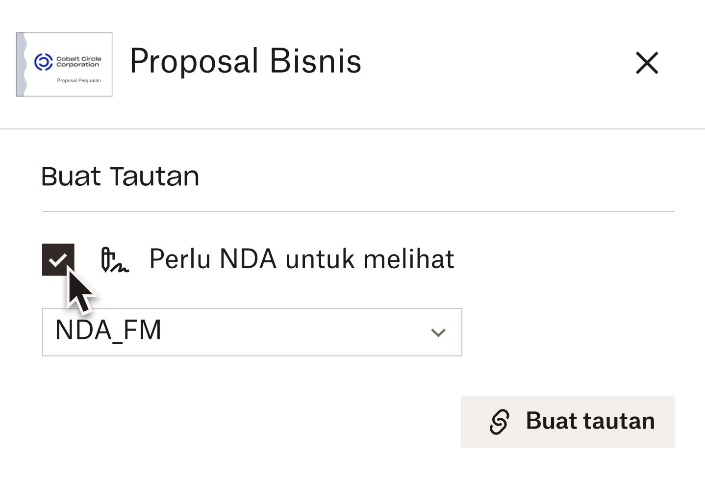 Kursor diarahkan ke kotak centang untuk opsi “Memerlukan NDA untuk melihat” saat membuat tautan ke dokumen di Dropbox DocSend