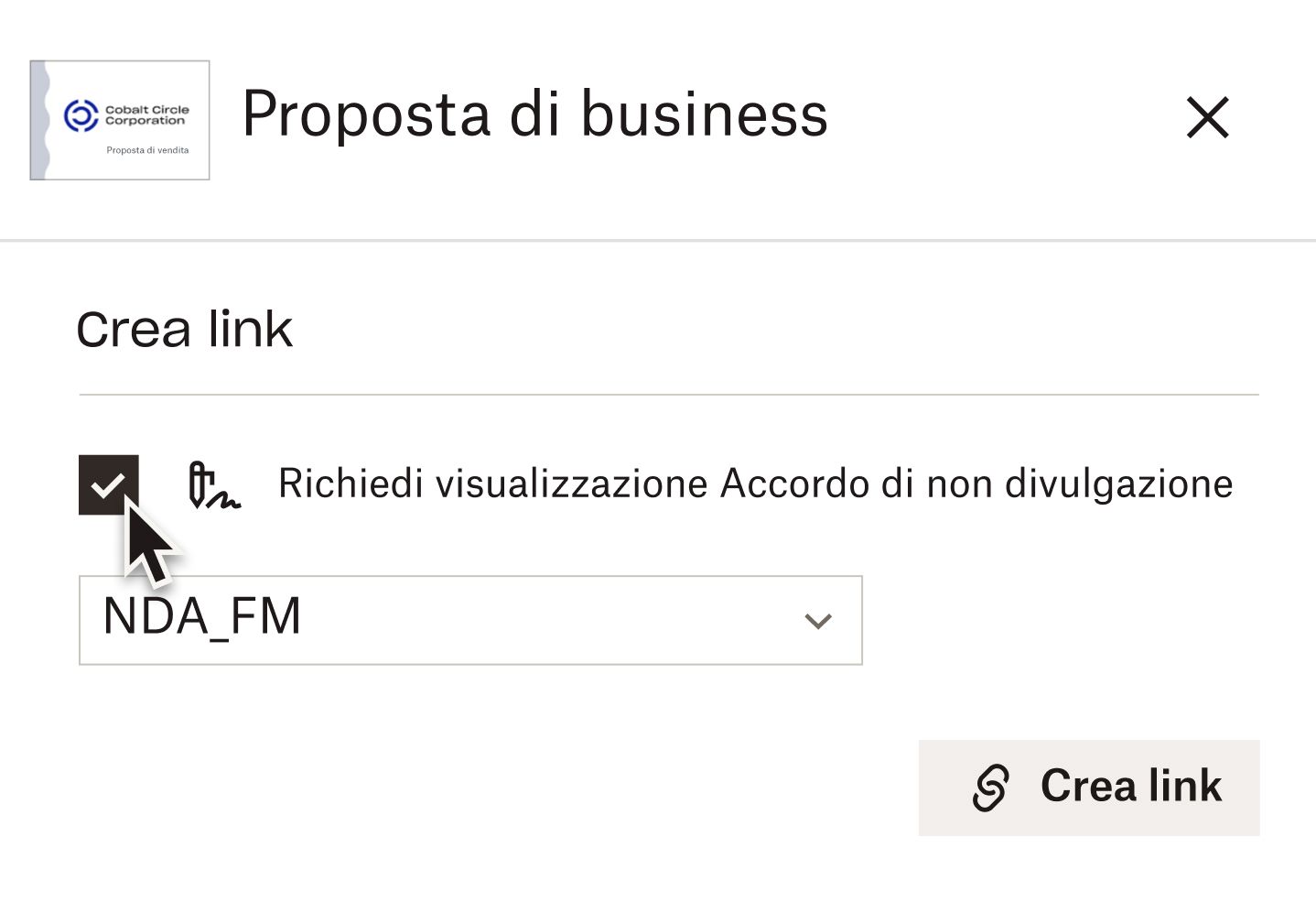 Un cursore si posiziona sopra una casella di controllo per l’opzione “Richiedi NDA per la visualizzazione” quando si crea un link a un documento in Dropbox DocSend