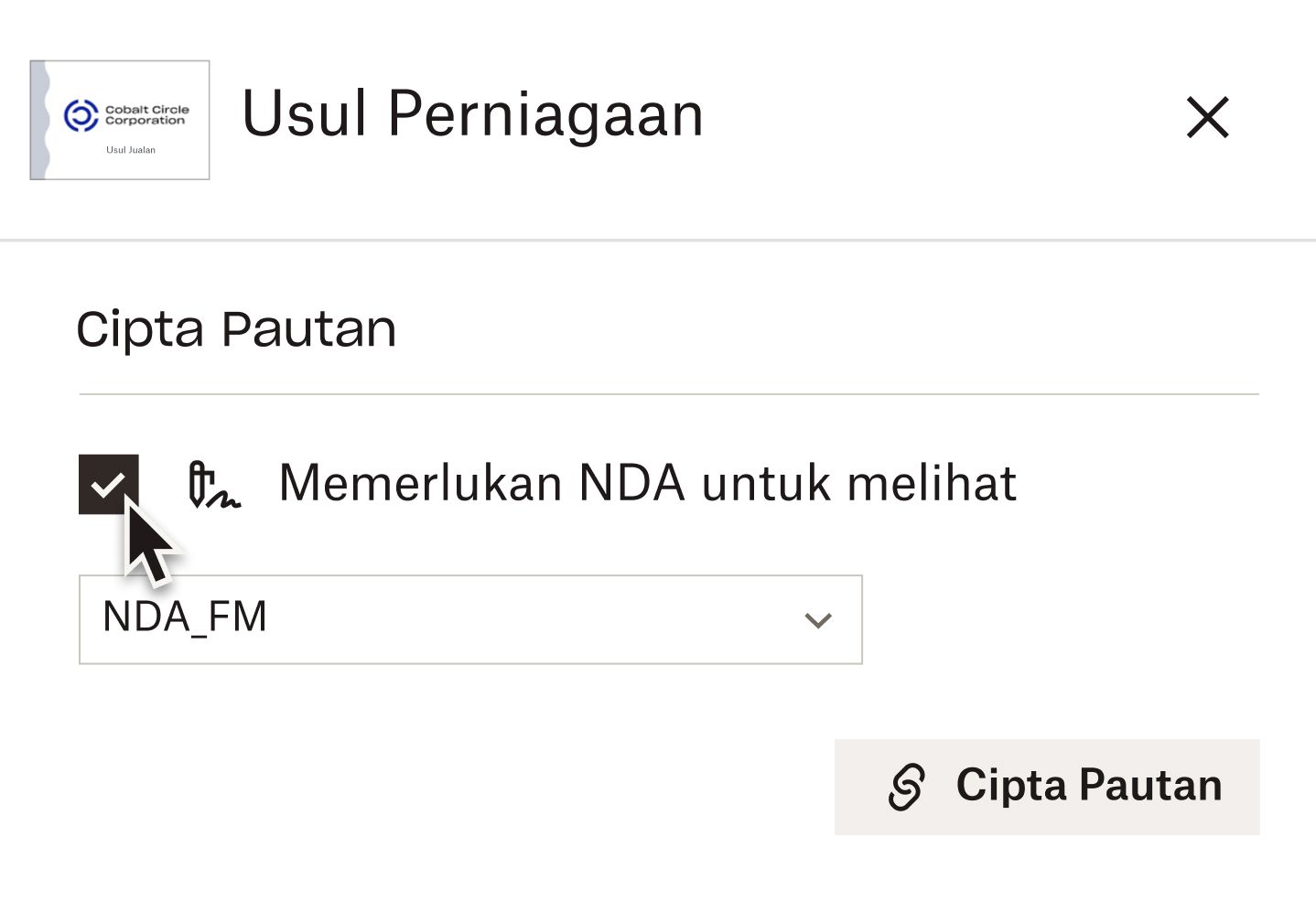 Kursor melayang di atas kotak pilihan untuk pilihan "Memerlukan NDA untuk melihat" semasa membuat pautan ke dokumen dalam Dropbox DocSend