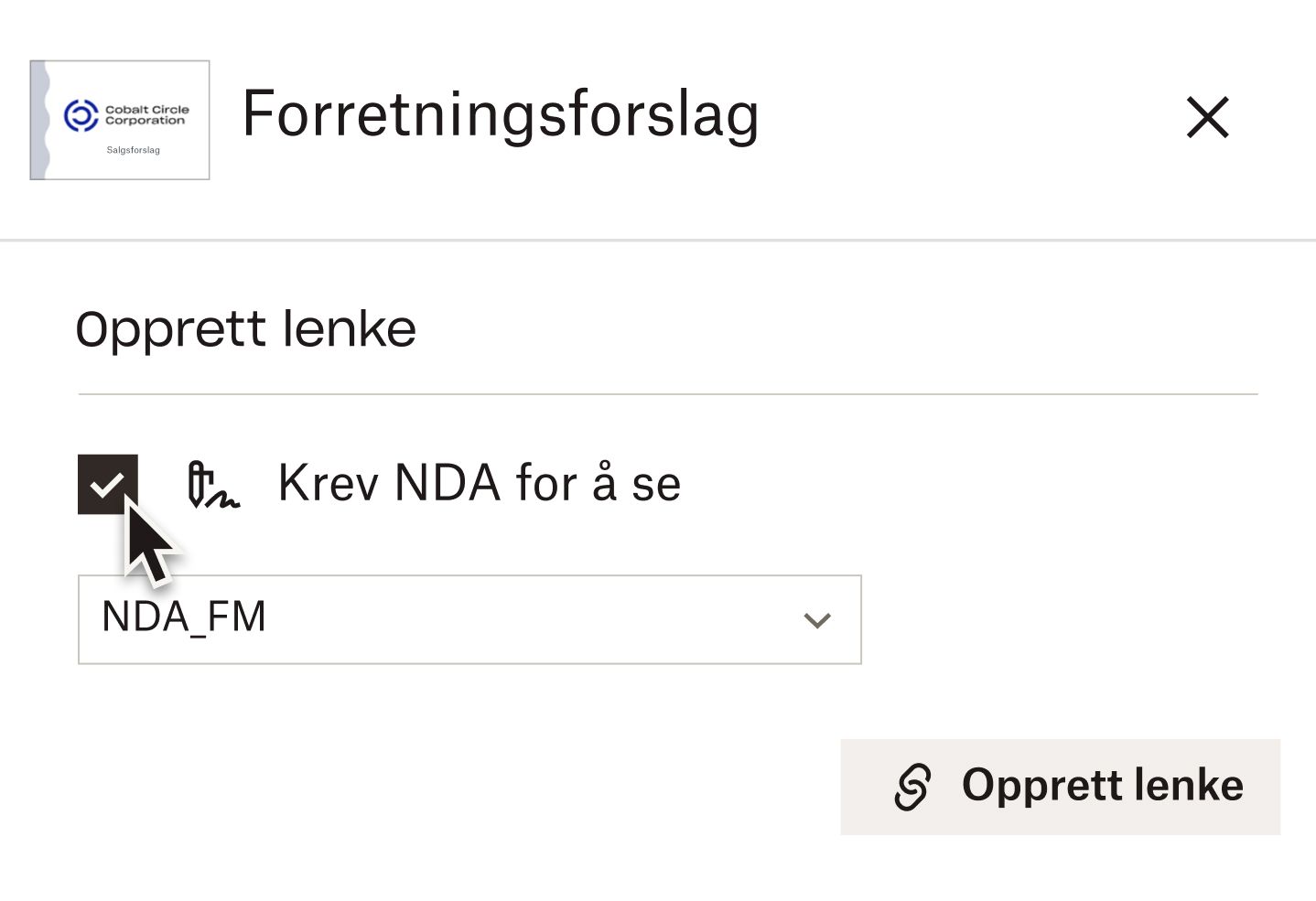 En markør holder seg over en avmerkingsboks for alternativet «Krev taushetsplikt for visning» når du oppretter en lenke til et dokument i Dropbox DocSend