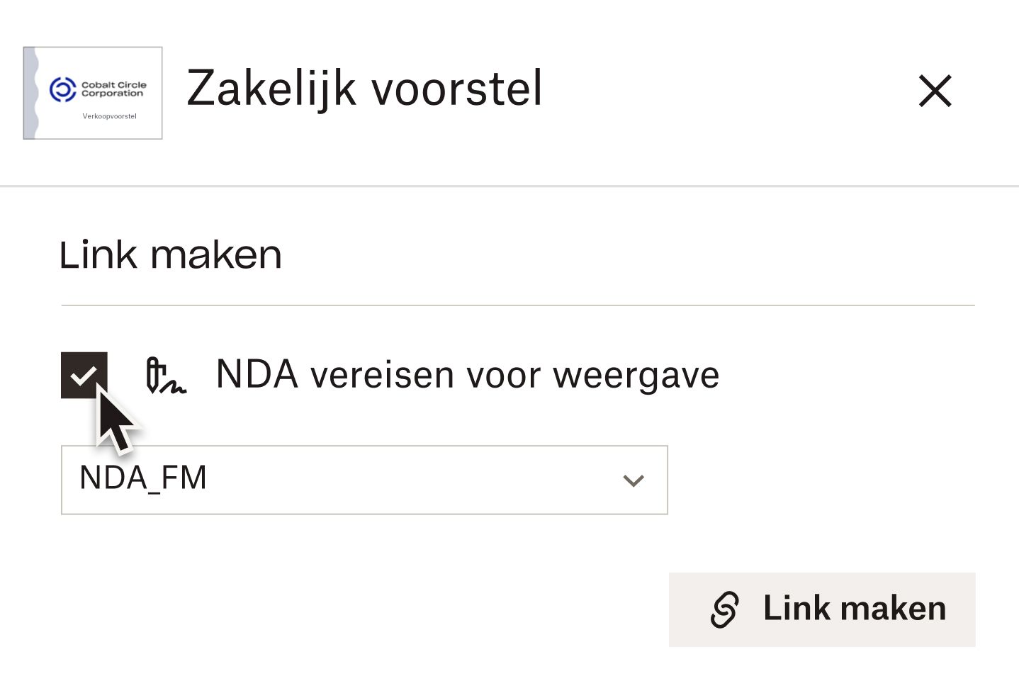 Een cursor beweegt over een selectievakje voor de optie 'NDA vereist om te bekijken' bij het maken van een link naar een document in Dropbox DocSend