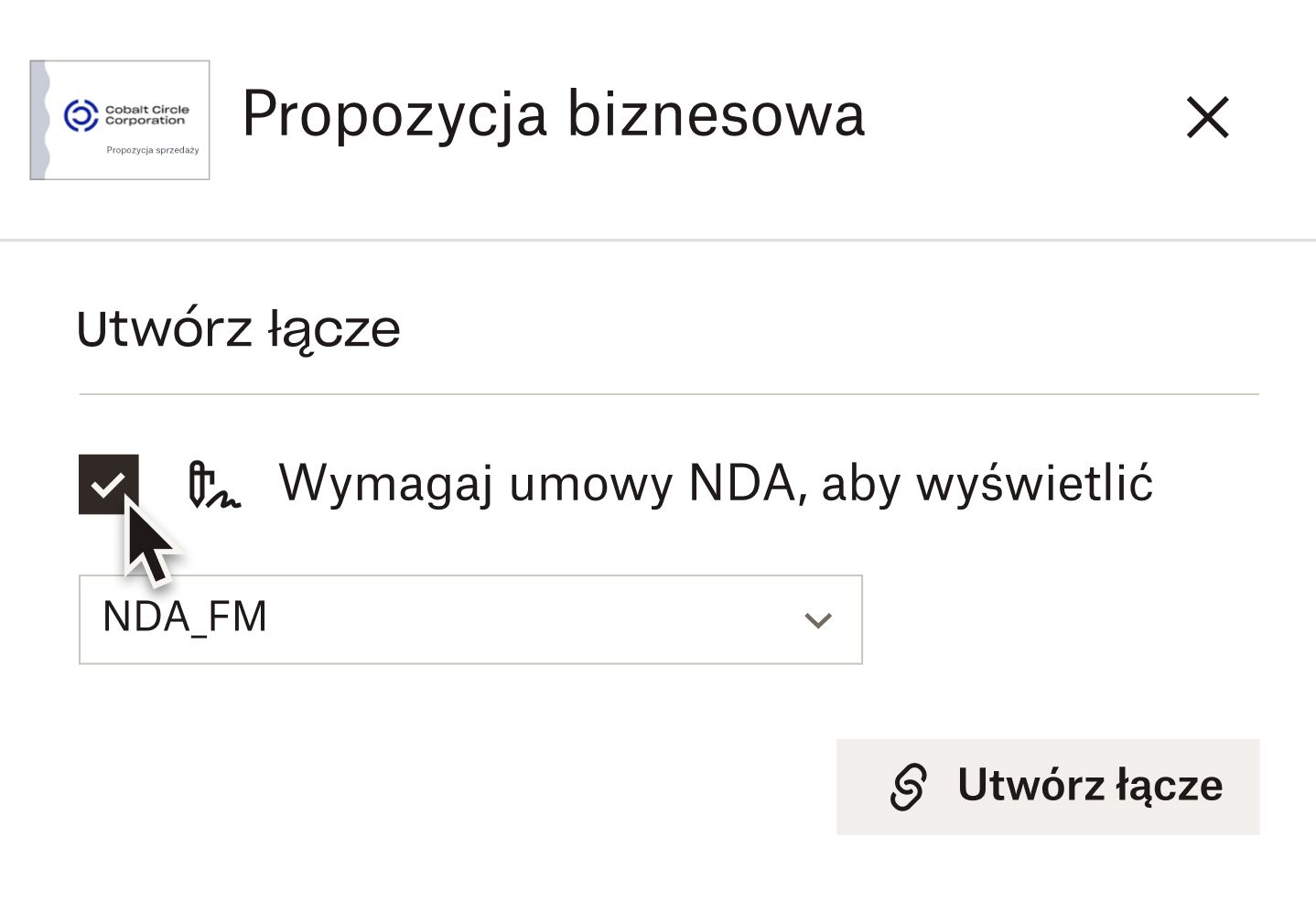 Podczas tworzenia łącza do dokumentu w Dropbox DocSend kursor unosi się nad polem wyboru opcji „Wymagaj NDA do wyświetlenia”