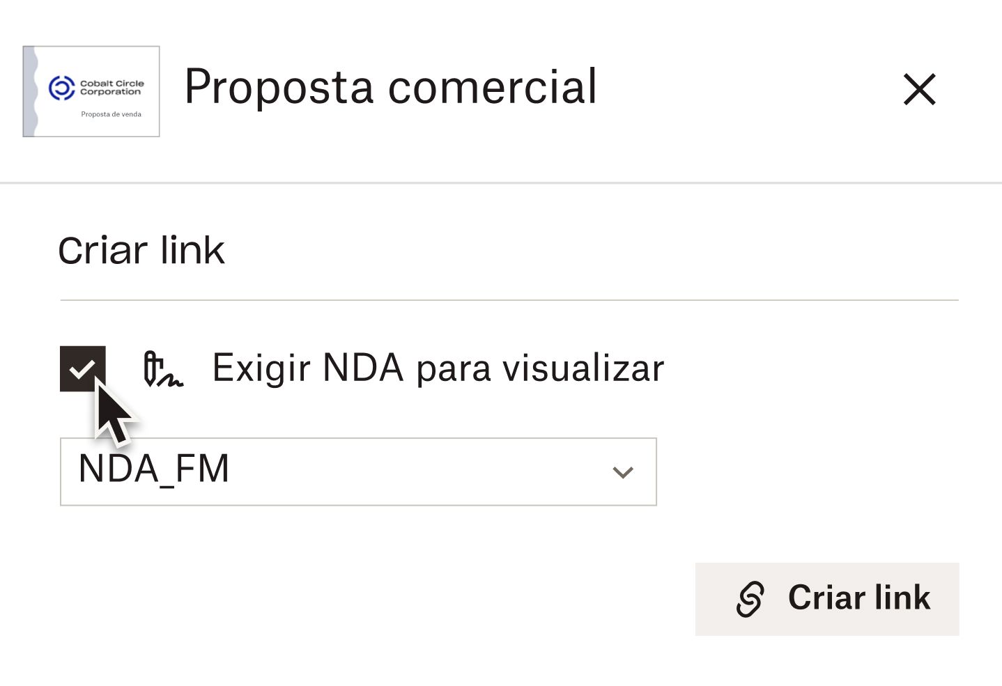 Cursor passando sobre a caixa de seleção da opção “Exigir NDA para visualização” ao criar um link para um documento no Dropbox DocSend