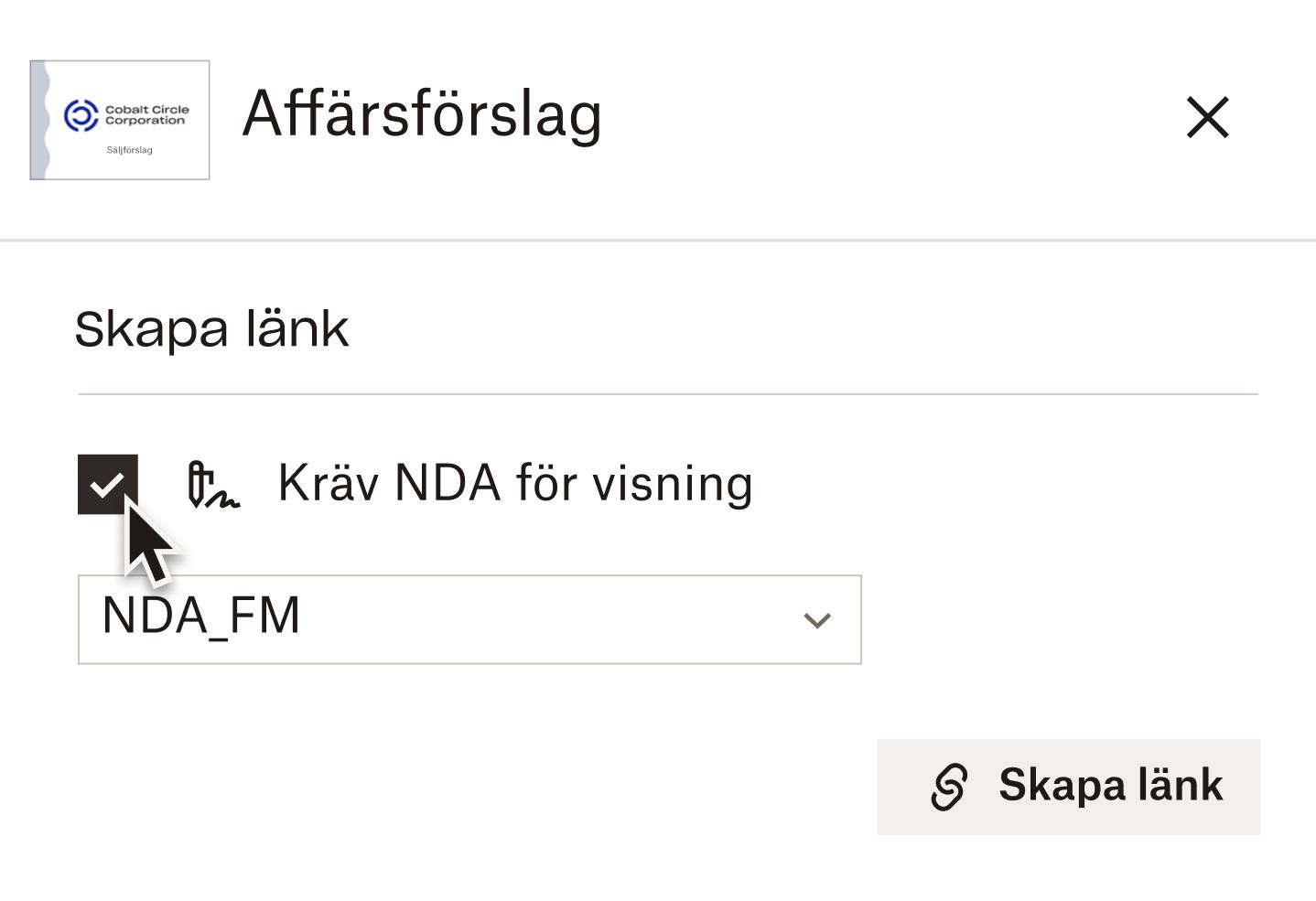 En markör svävar över en kryssruta för alternativet "Kräv sekretessavtal för visning" när en länk till ett dokument skapas i Dropbox DocSend