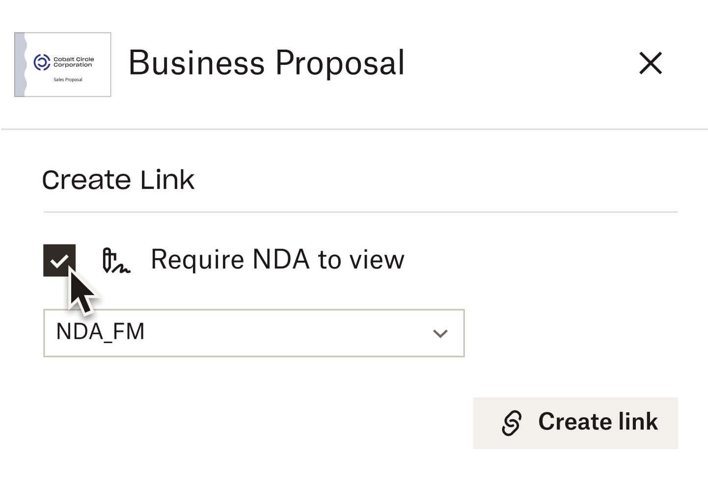 A cursor hovers over a checkbox for the option to “Require NDA to view” when creating a link to a document in Dropbox DocSend