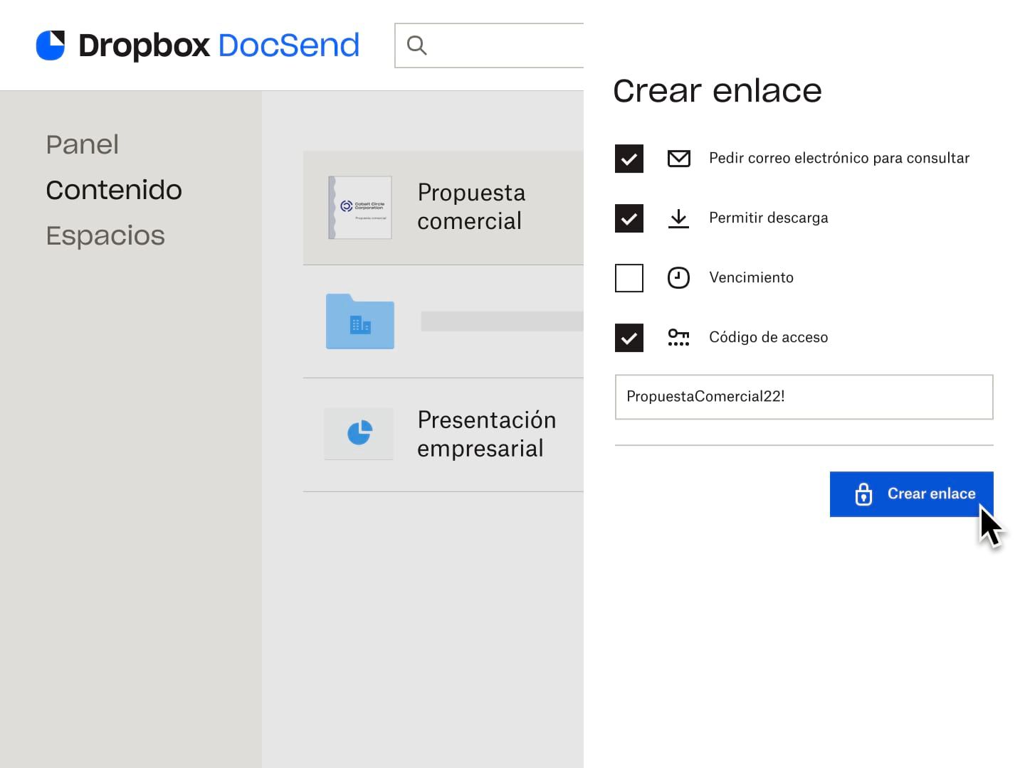 Usuario creando un enlace con el requisito de proporcionar una dirección de correo electrónico y un código de acceso para ver el archivo, además del permiso para descargar el archivo