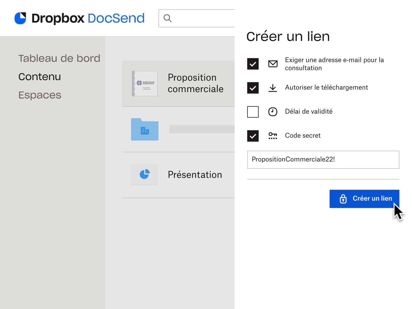 Un utilisateur crée un lien qui exige une adresse courriel et un code pour consulter le fichier, avec l’autorisation de le télécharger.