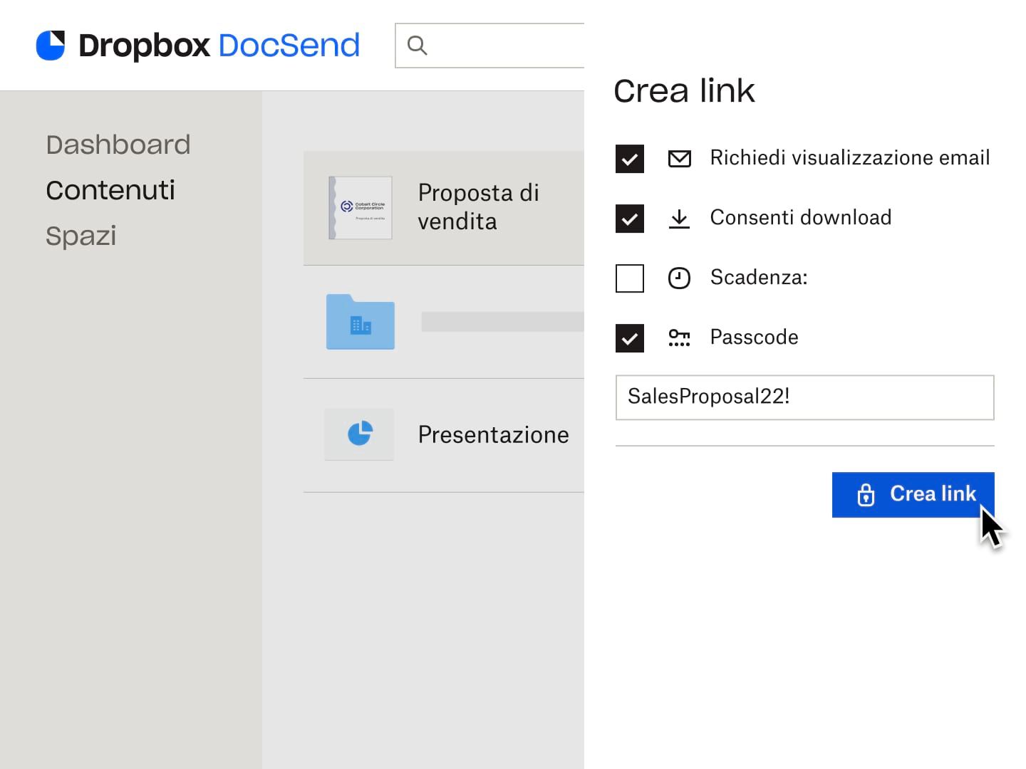 Un utente crea un link che richiede un indirizzo email e un passcode per visualizzare il file, con l’autorizzazione a scaricarlo.