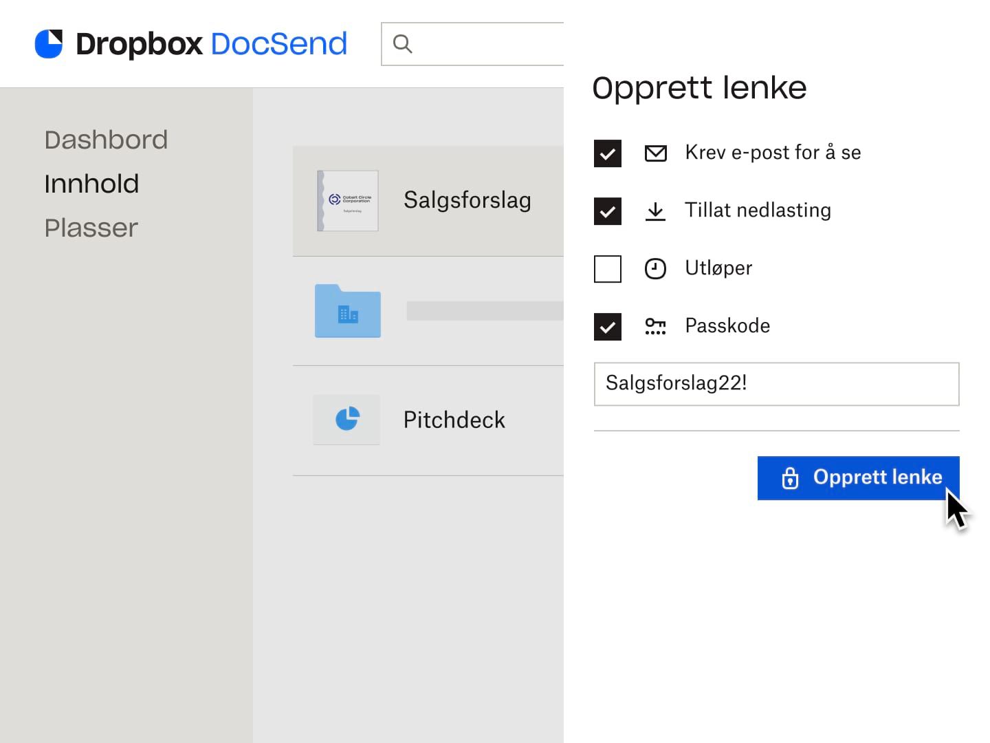 En bruker oppretter en lenke som krever en e-postadresse og et passord for å se filen, med tillatelse til at filen kan lastes ned.