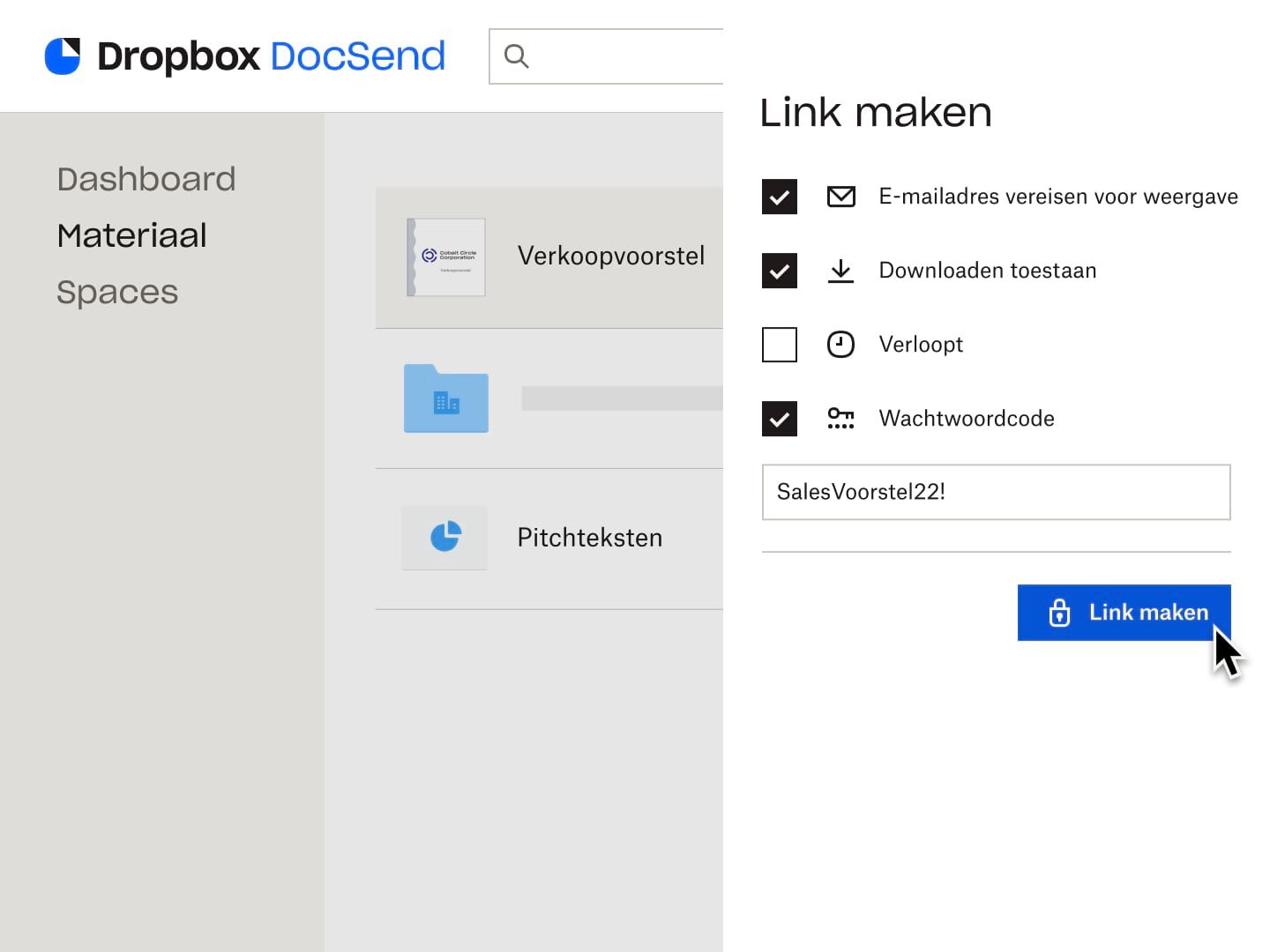 Een gebruiker maakt een koppeling aan waarvoor een e-mailadres en toegangscode nodig zijn om het bestand te bekijken, met de toestemming om het bestand te downloaden.