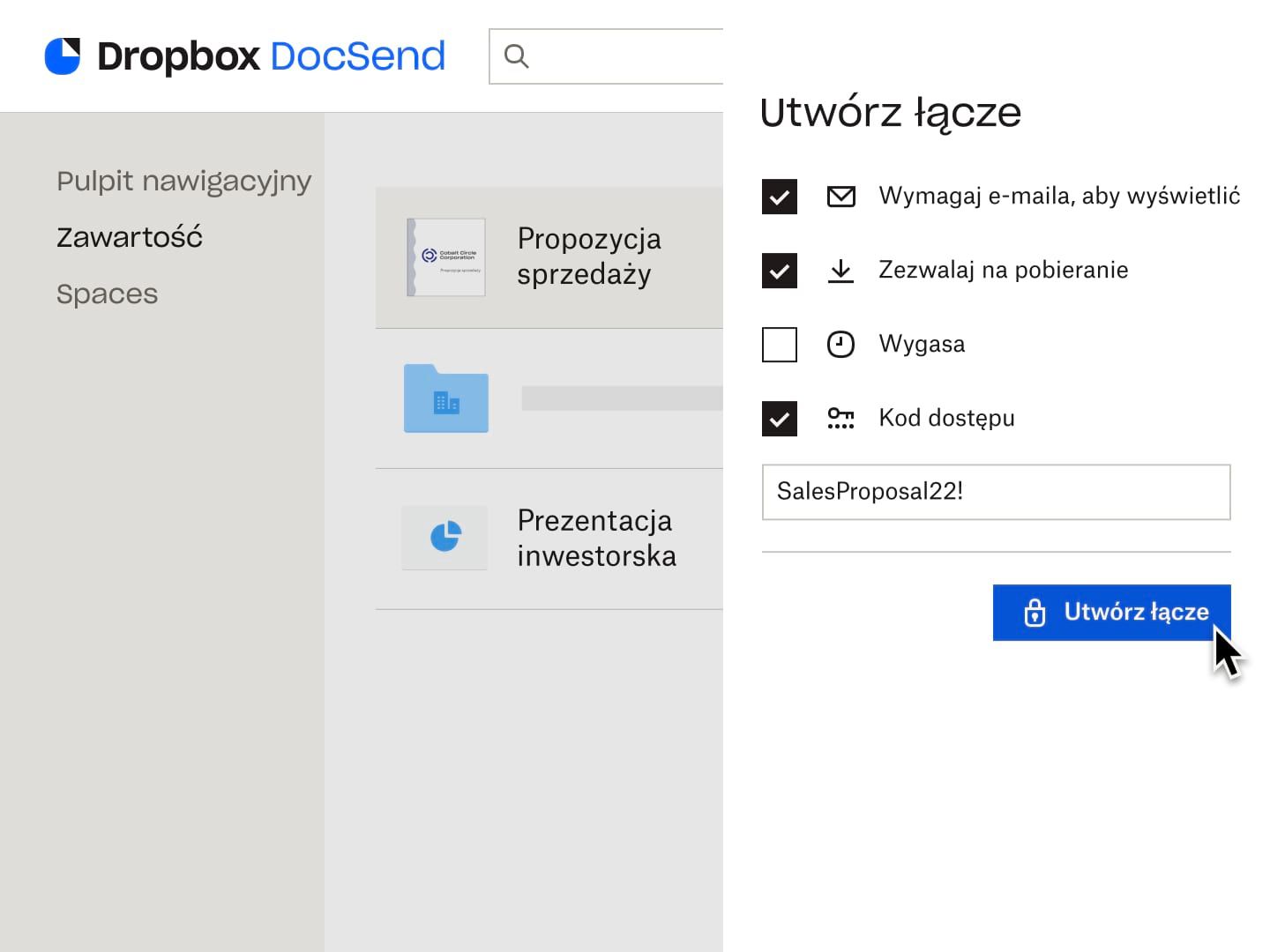 Użytkownik tworzy link wymagający podania adresu e-mail i kodu dostępu w celu wyświetlenia pliku, z zezwoleniem na pobranie pliku.