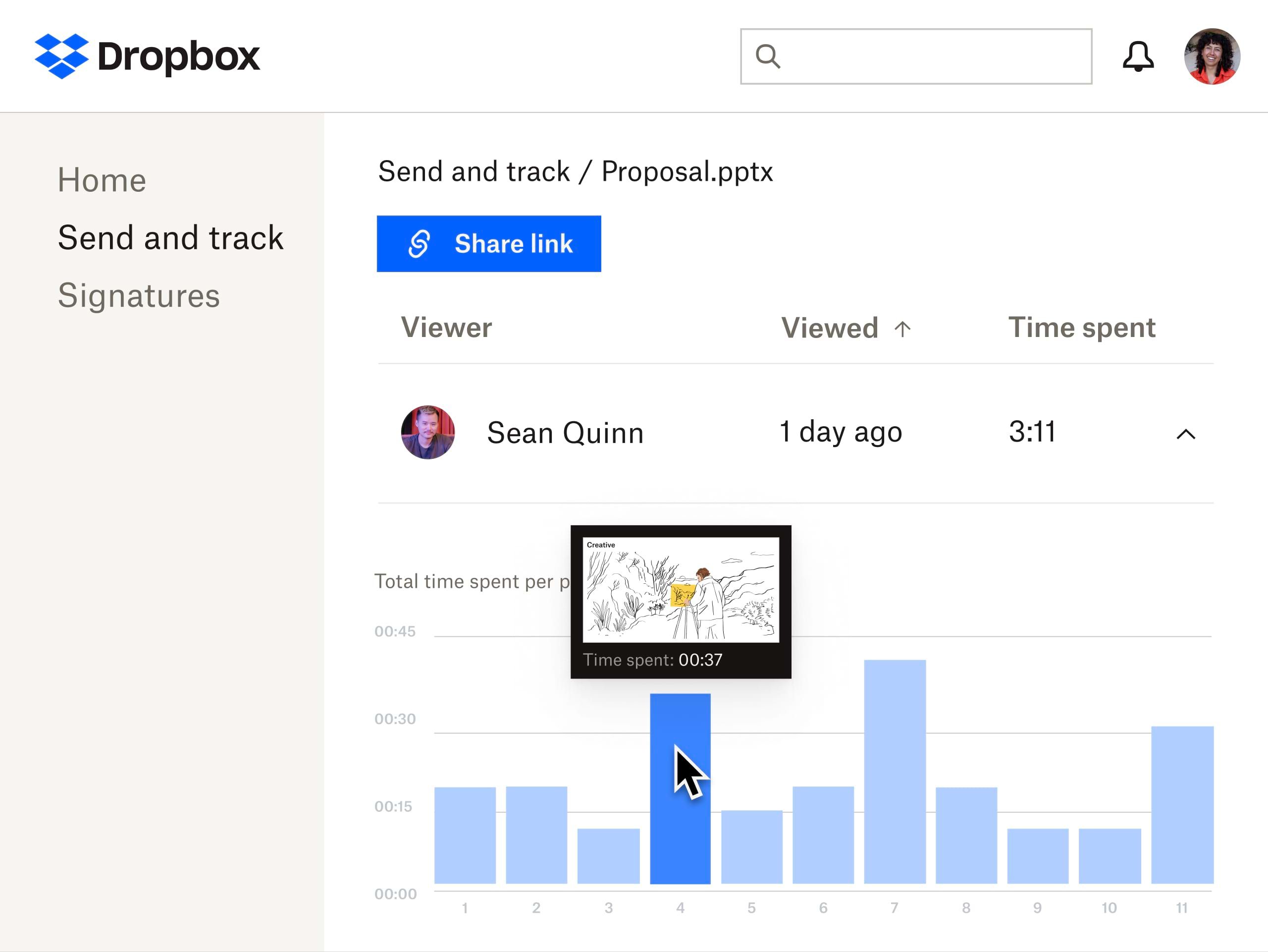 Stakeholder engagement UI in Dropbox DocSend