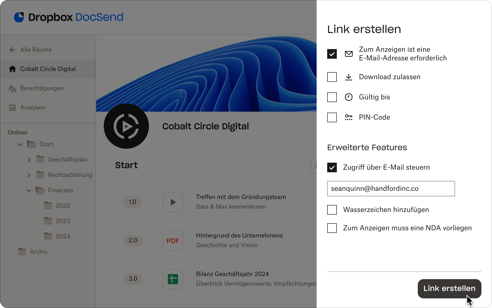 Berechtigungen für den DocSend Datenraum