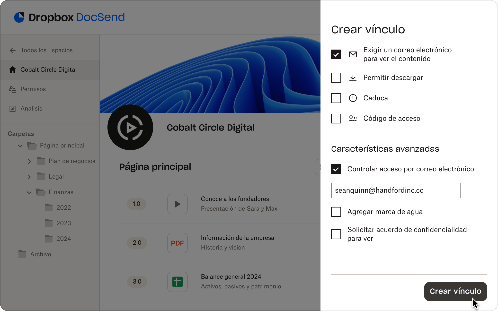 Permisos de la sala de datos de DocSend