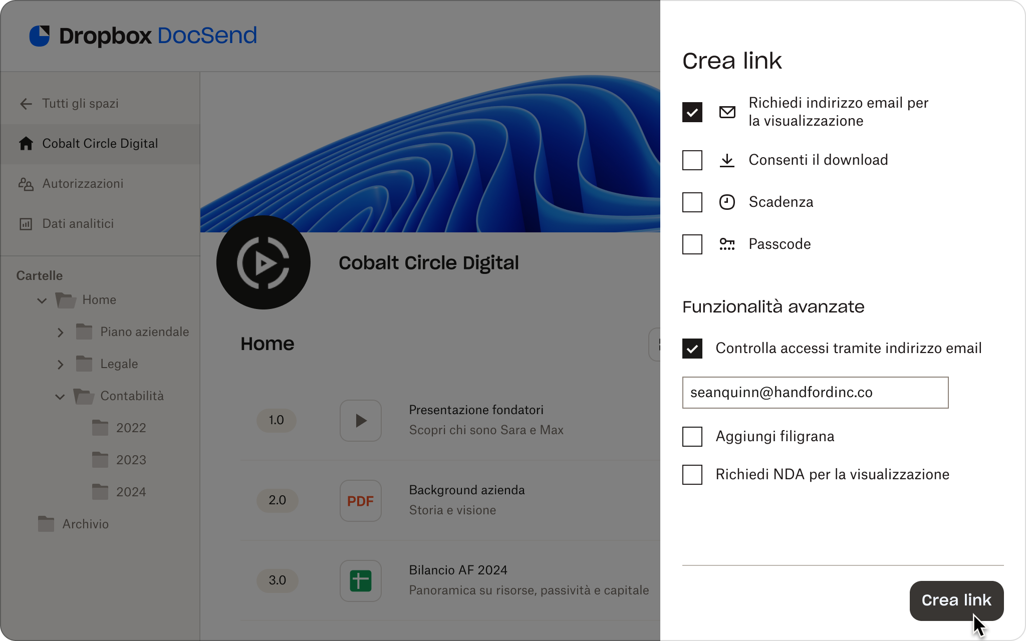 Autorizzazioni della data room di DocSend