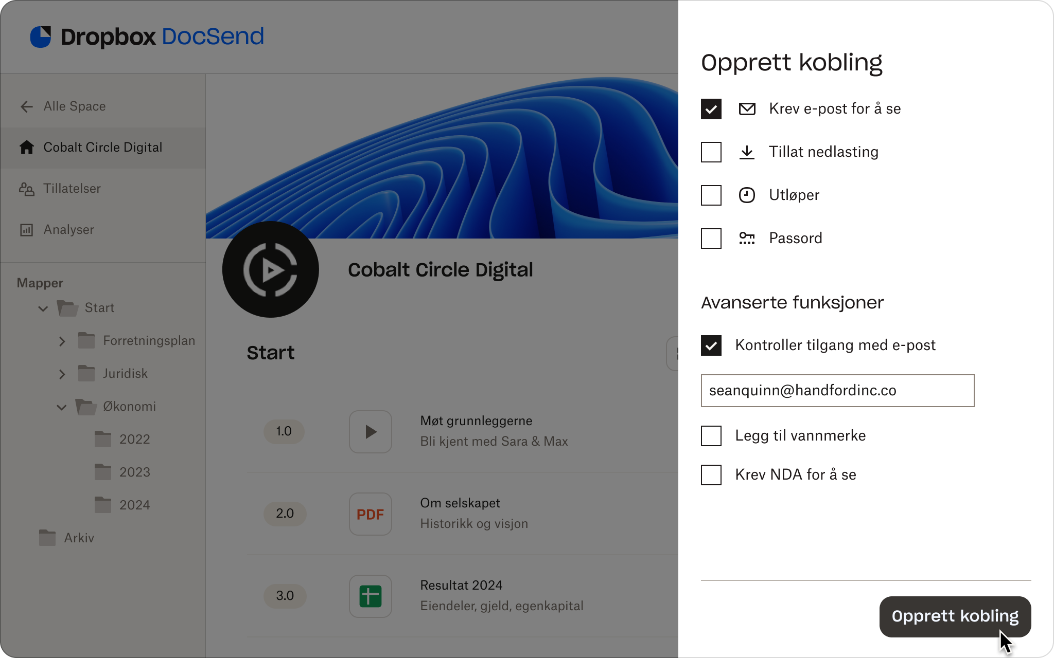 Tillatelser for DocSend-datarom