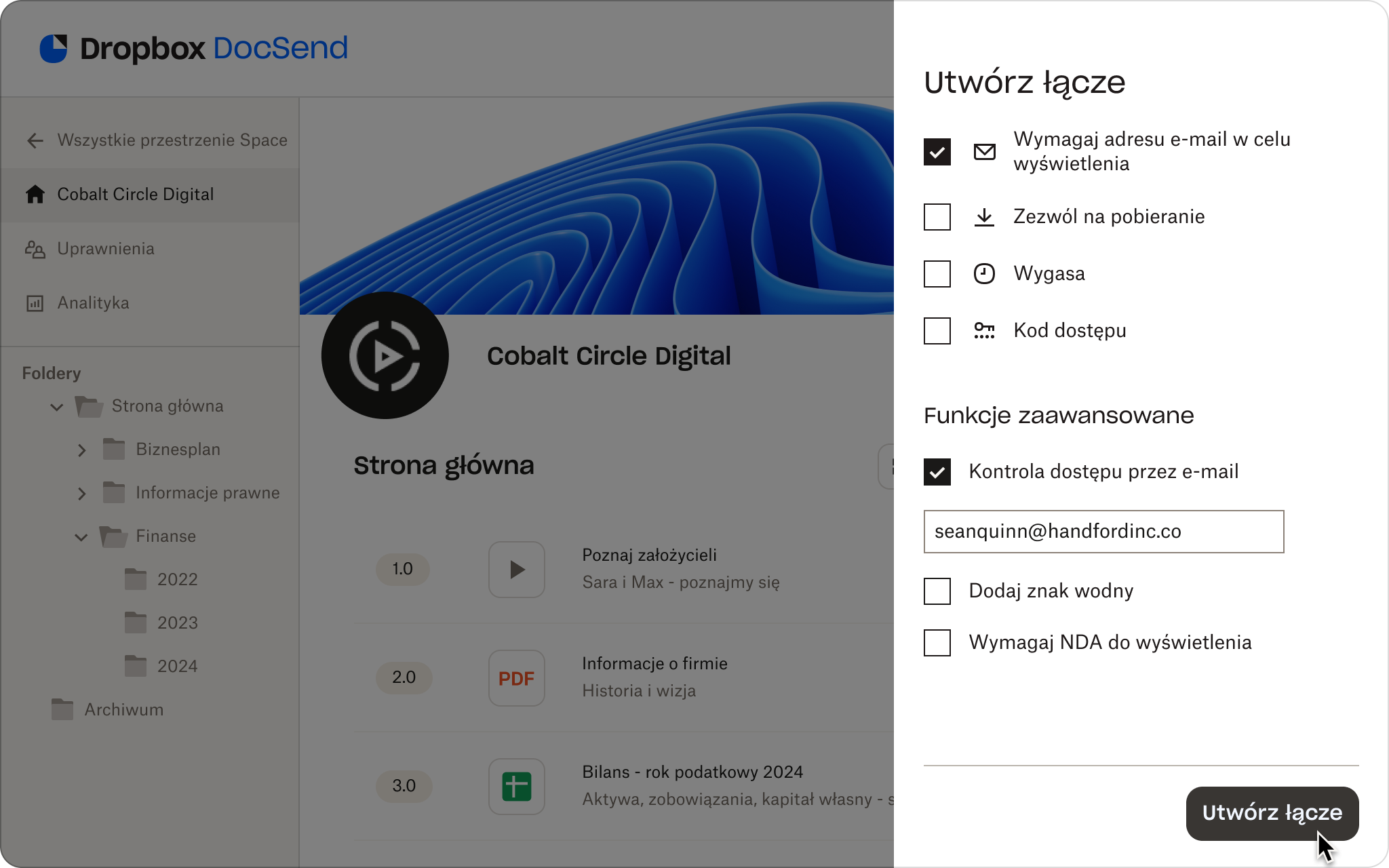Uprawnienia do pokojów danych w DocSend