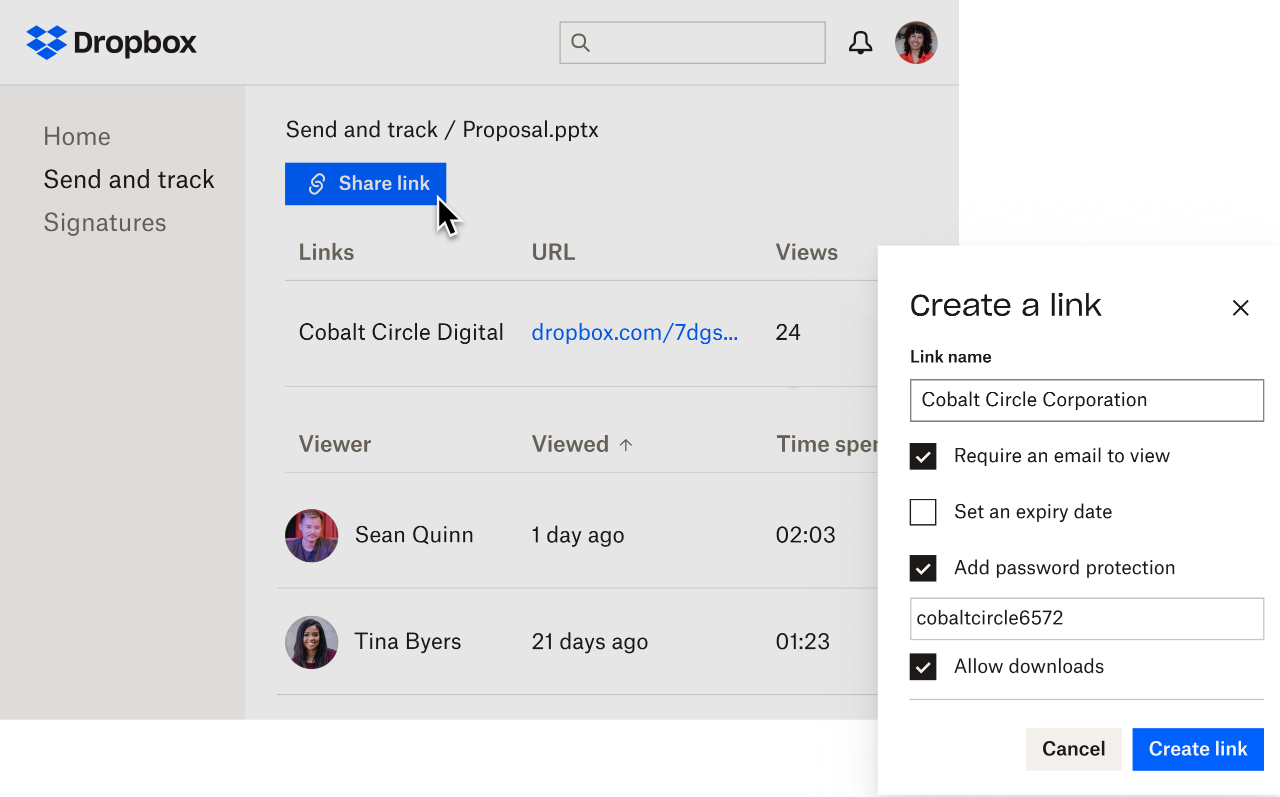 Create and share a link UI in Dropbox DocSend