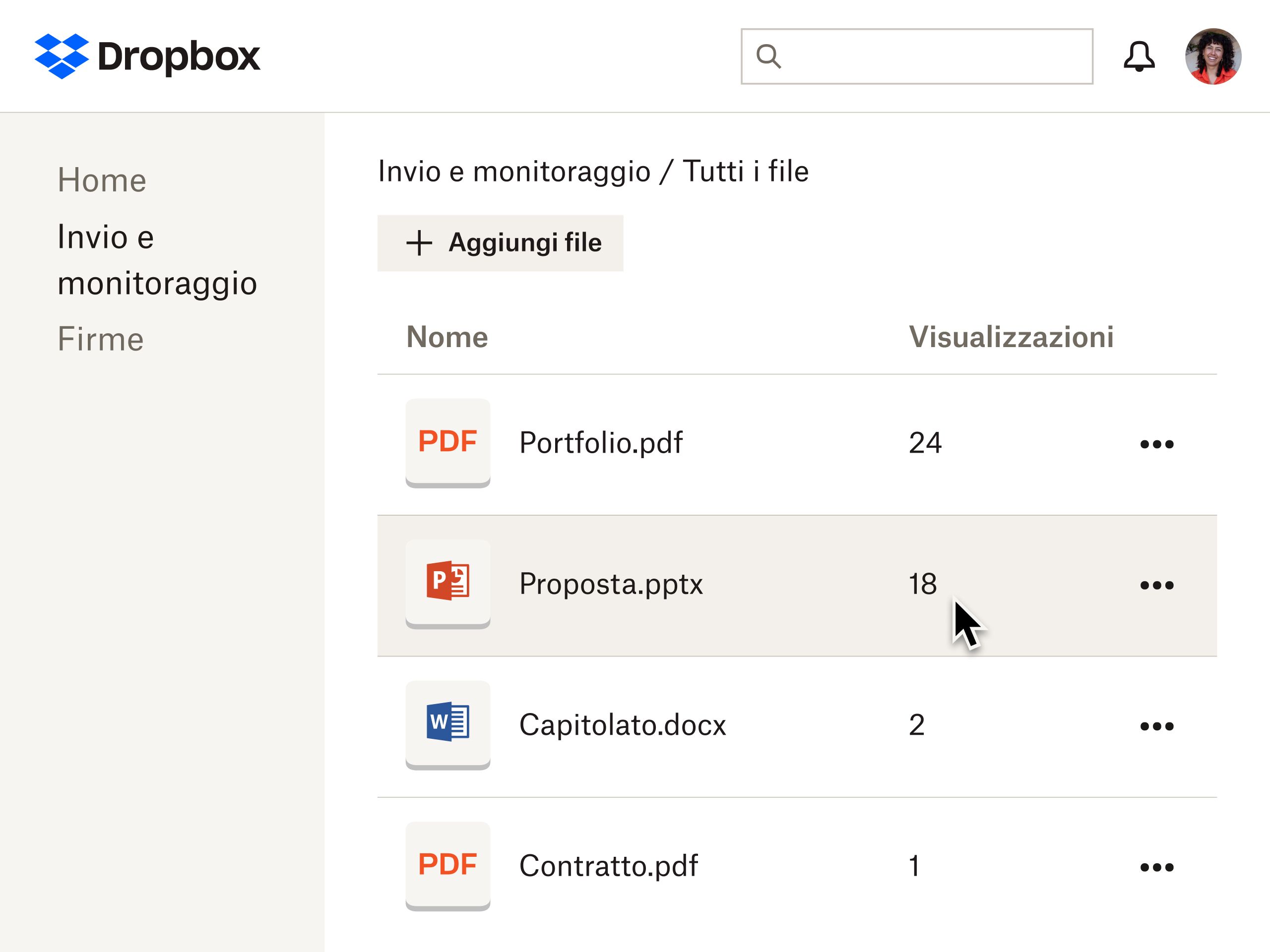 Interfaccia utente per inviare e monitorare file su Dropbox