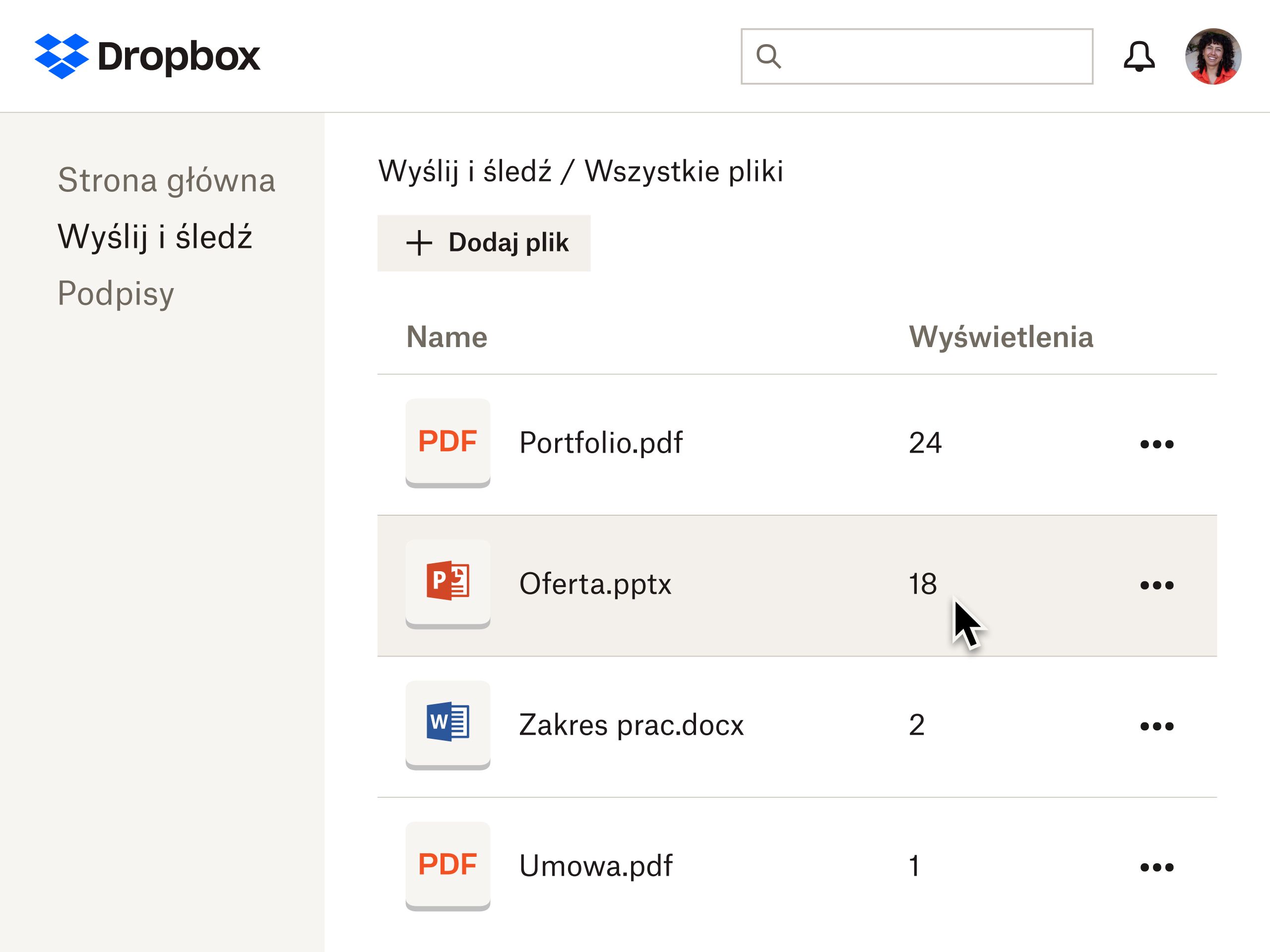 Opcje wysyłania i śledzenia plików w Dropbox