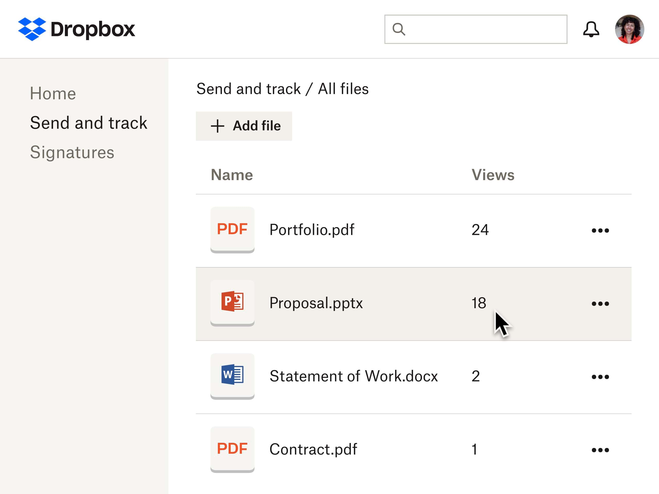 Send and track files UI in Dropbox