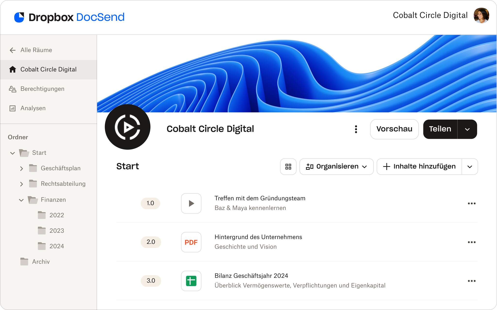 Benutzeroberfläche des Datenraum-Dashboards