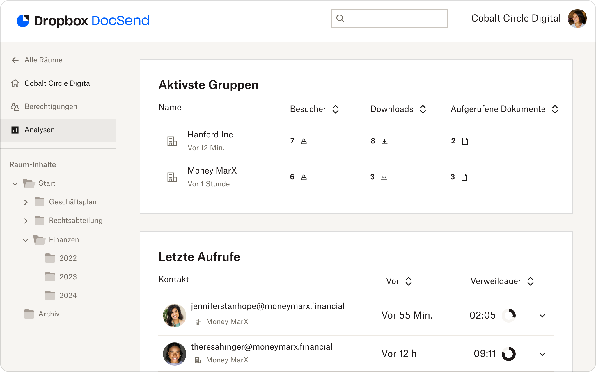Screenshot der Dropbox DocSend-Benutzeroberfläche mit Advanced Data Rooms. Dargestellt wird die Analyse der letzten Besuche und die Gruppen mit dem stärksten Engagement.