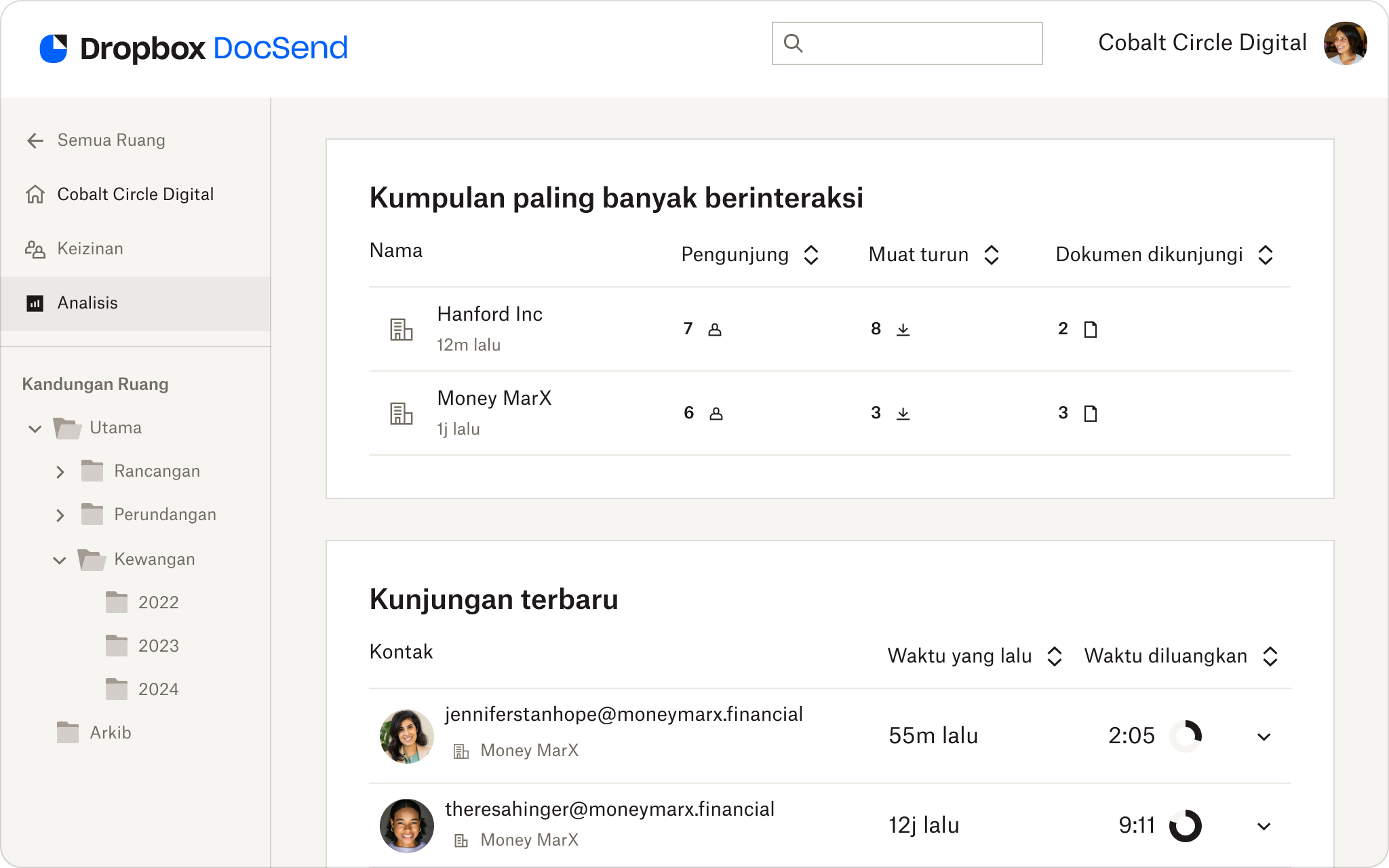 Petikan skrin UI Dropbox DocSend, menunjukkan Bilik Data Lanjutan. Ia menunjukkan analitis untuk lawatan baru-baru ini dan kebanyakan kumpulan yang terlibat.