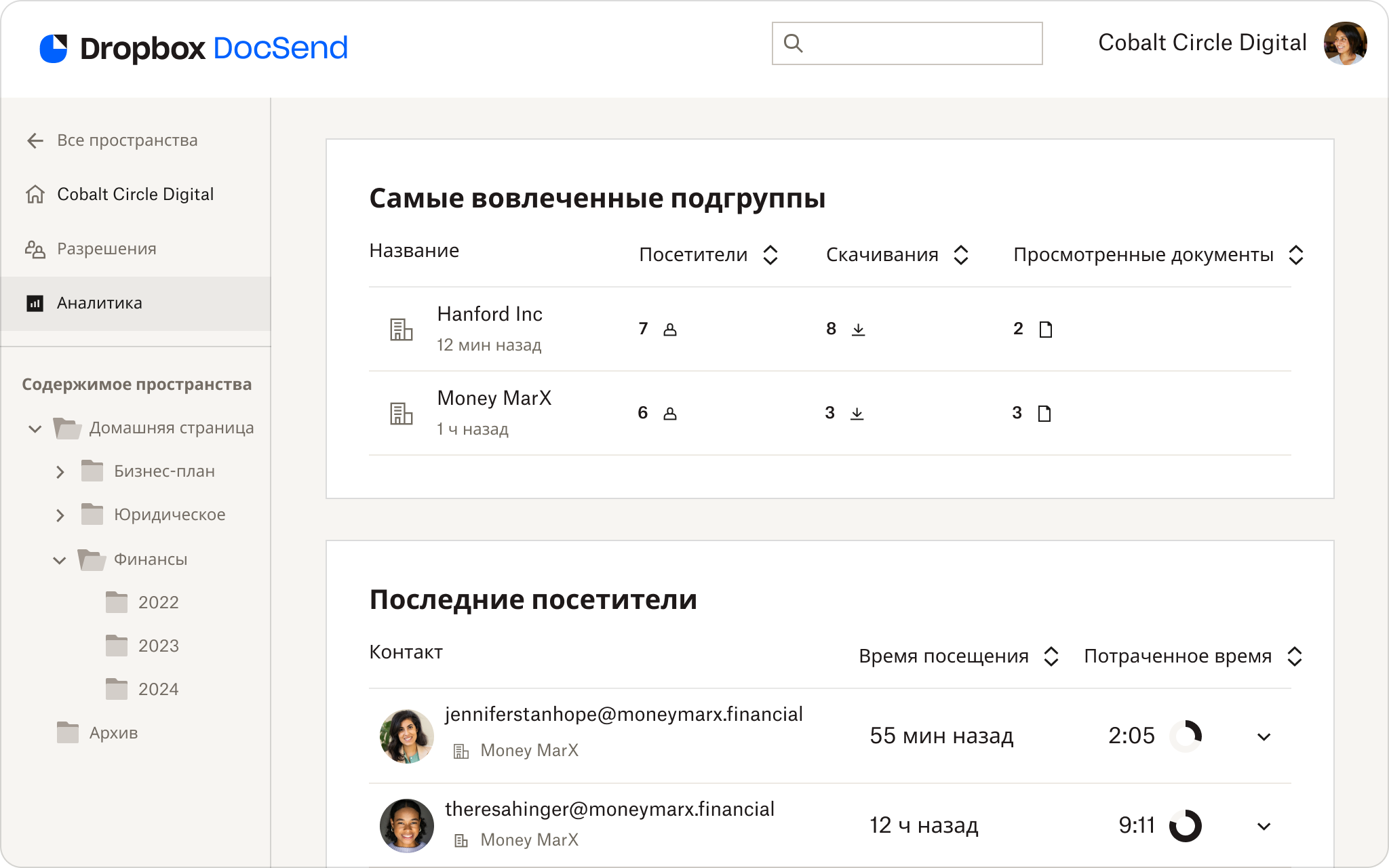 Скриншот пользовательского интерфейса Dropbox DocSend, на котором показаны расширенные комнаты данных. Он показывает аналитику последних посещений и наиболее вовлеченных групп.