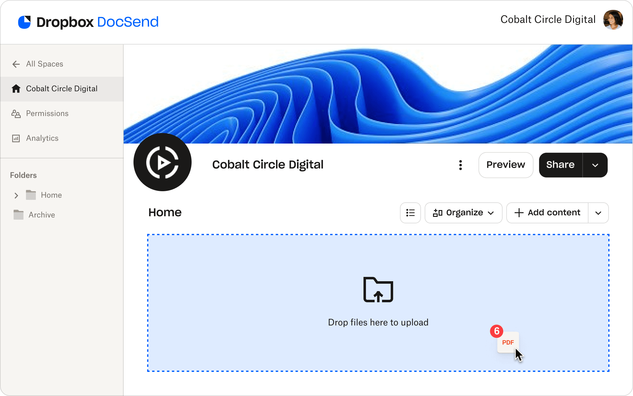 Animation of uploading files, file sharing settings and sending in DocSend.