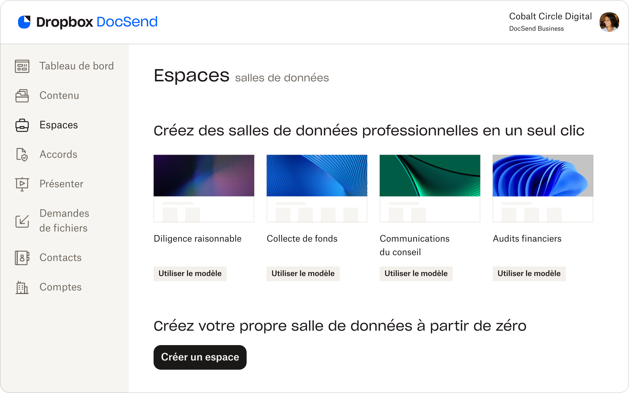 Une capture d’écran des modèles de salle de données virtuelle disponibles dans DocSend.