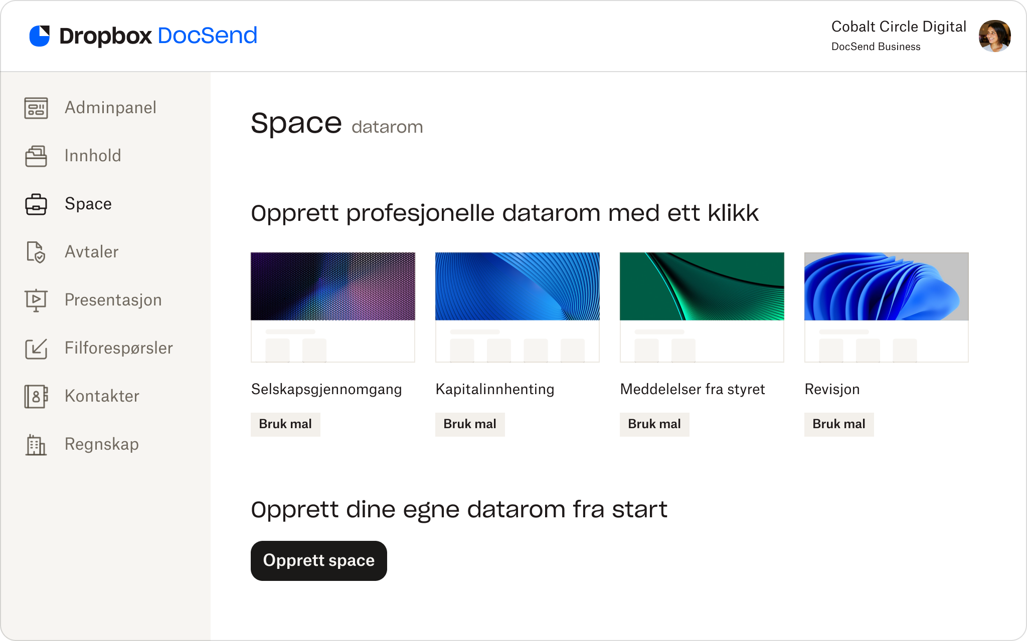 Et skjermbilde av malene for virtuelle datarom tilgjengelige i DocSend.