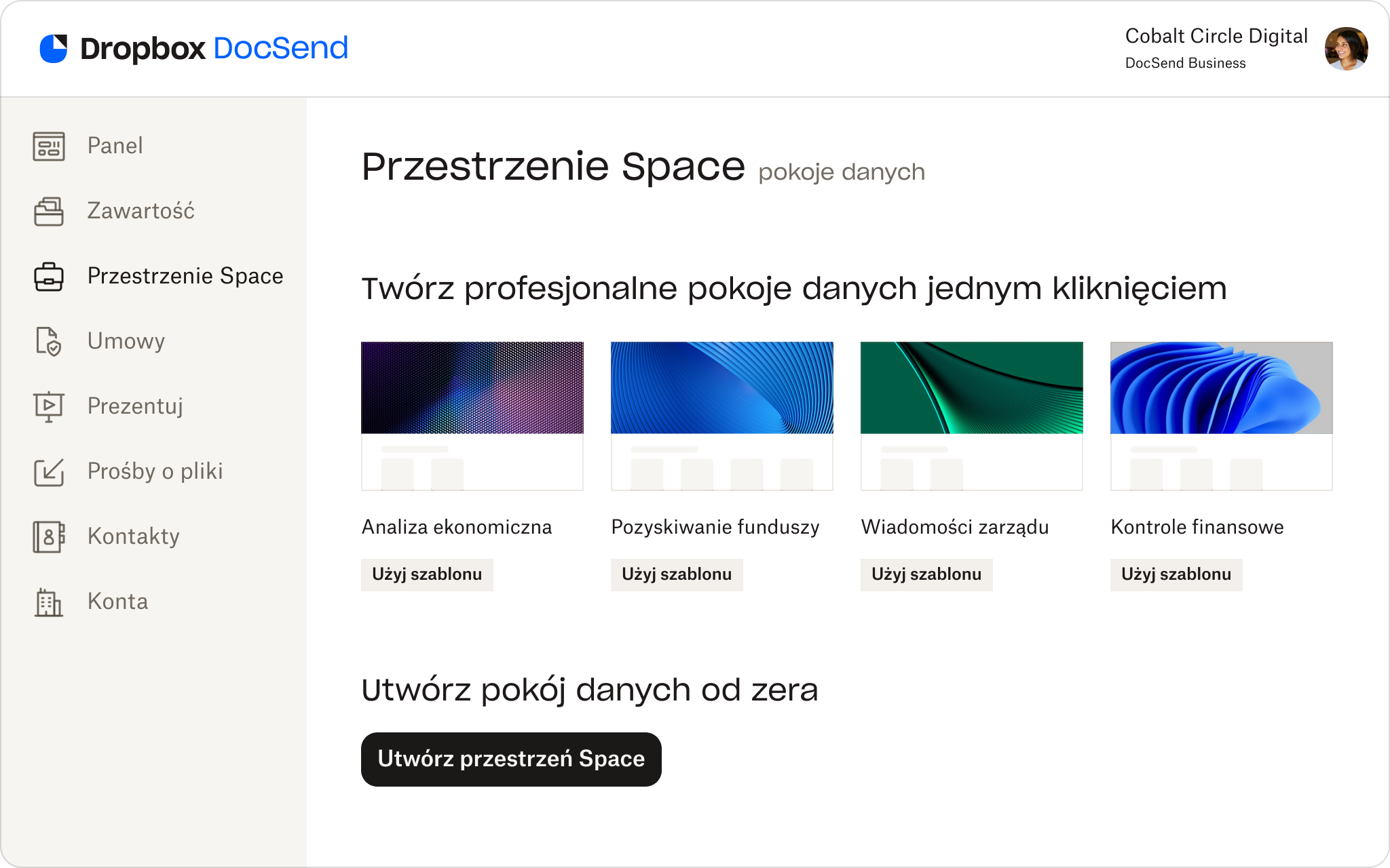 Zrzut ekranu szablonów wirtualnego pokoju danych dostępnych w DocSend.
