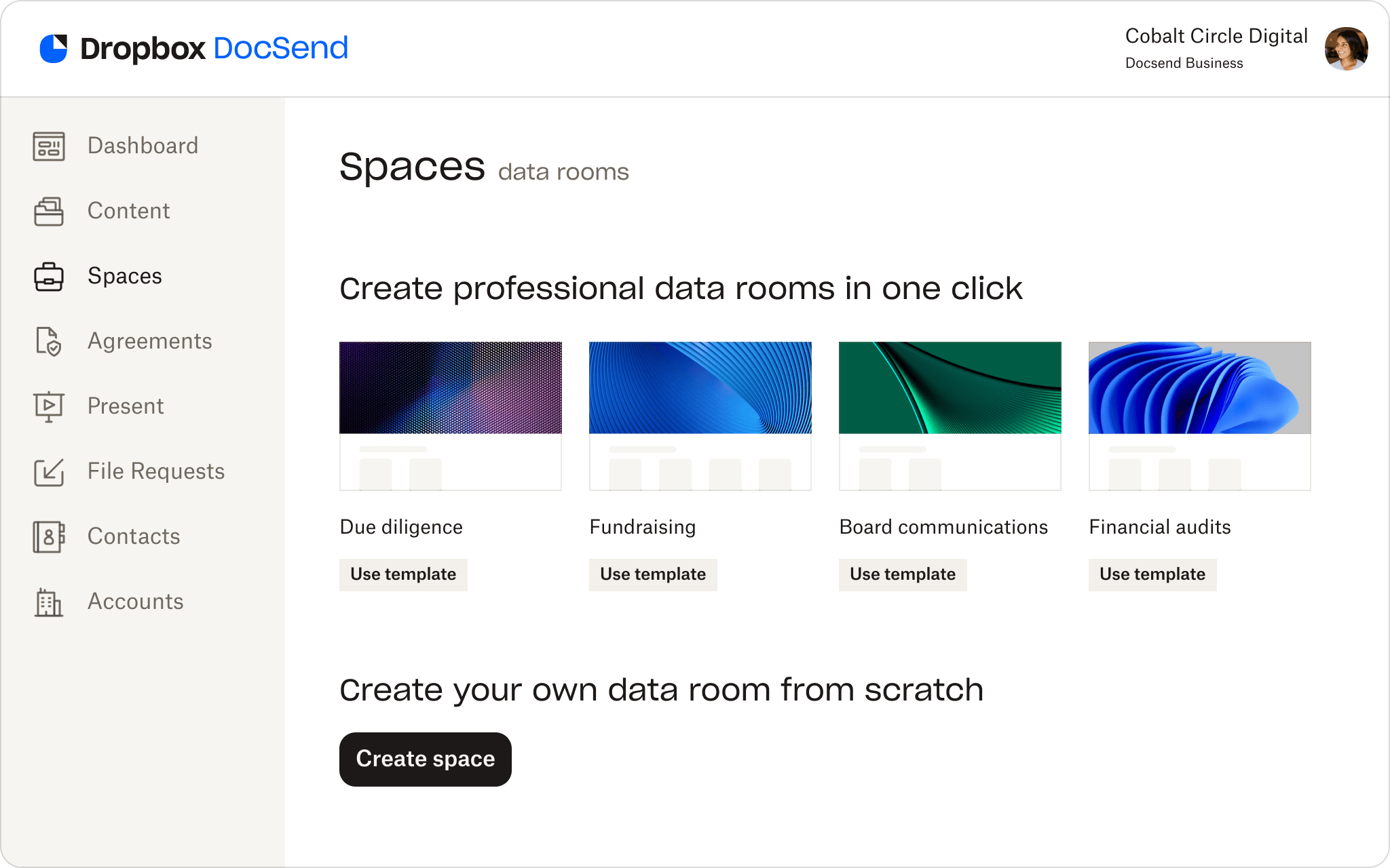 UI of DocSend data room spaces